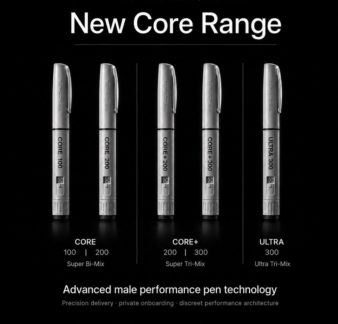 New Biohackr.Labs CORE range showing CORE, CORE plus, and ULTRA male performance pens